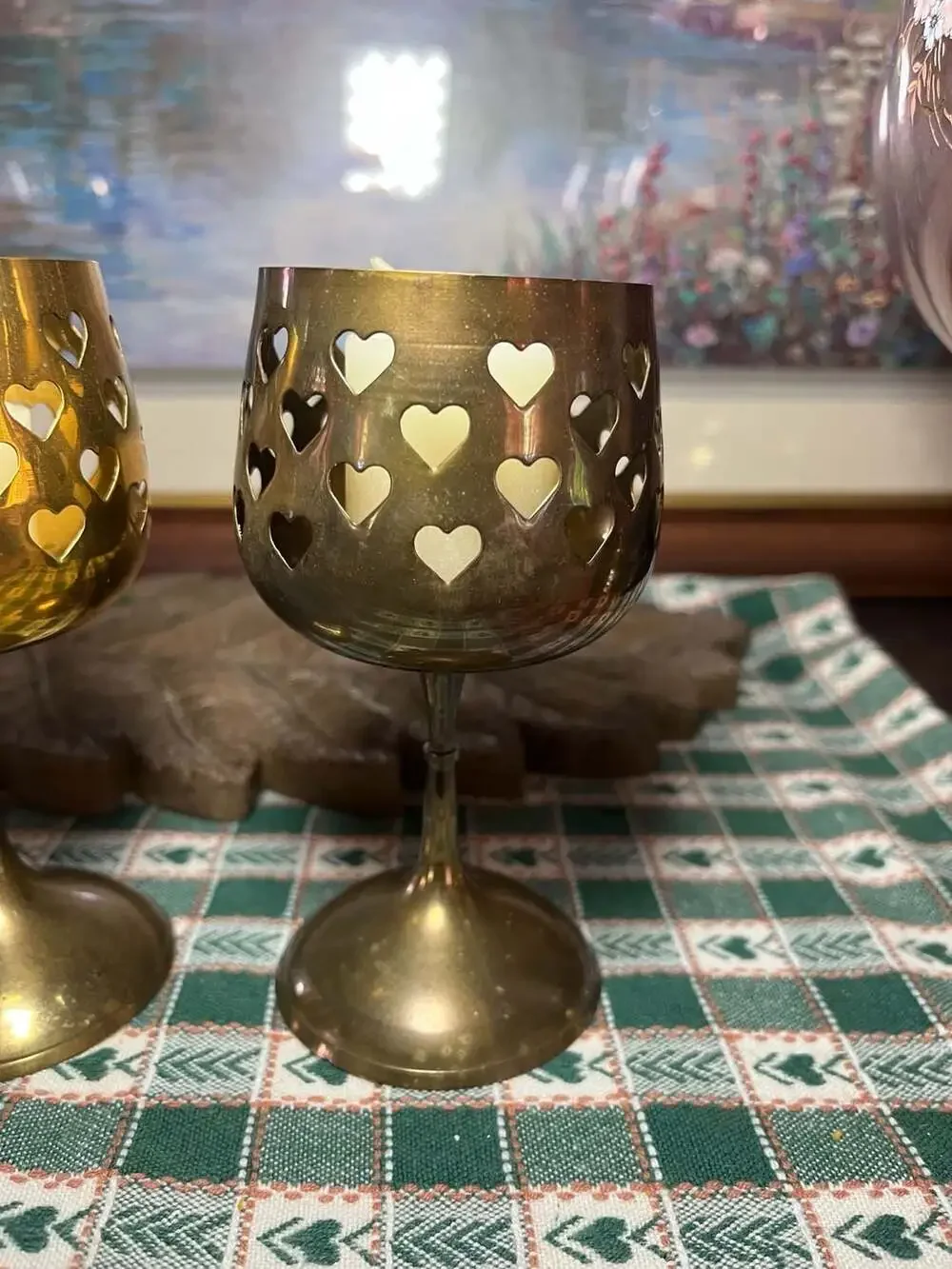 Vintage Hosley Brass Heart Cutout Goblet Votive Candle Holders, Set of 2